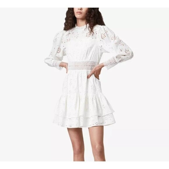 ALL SAINTS White Long-Sleeve Tiered Annasia Broderie Mini Dress Women's Size 4 - Picture 1 of 10